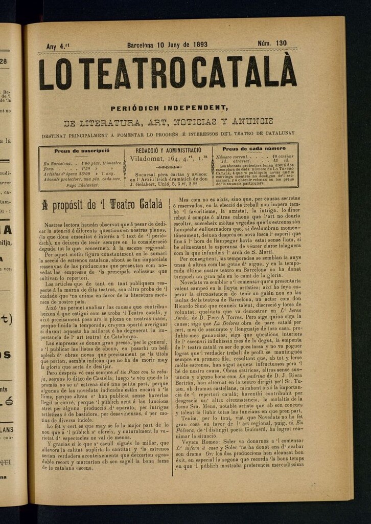 Miniatura de Lo Teatro Catalá  del 10 de juny de 1893