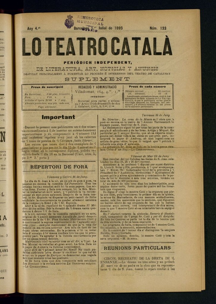 Miniatura de Lo Teatro Catalá  del 1 de juliol de 1893