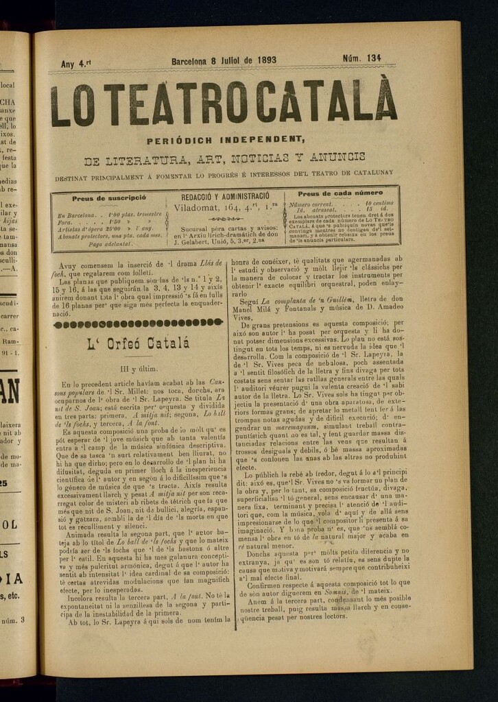 Miniatura de Lo Teatro Catalá  del 8 de juliol de 1893