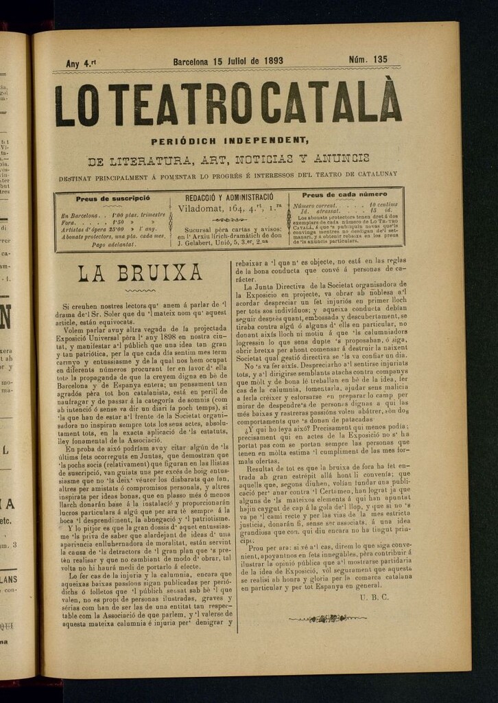 Miniatura de Lo Teatro Catalá  del 15 de juliol de 1893