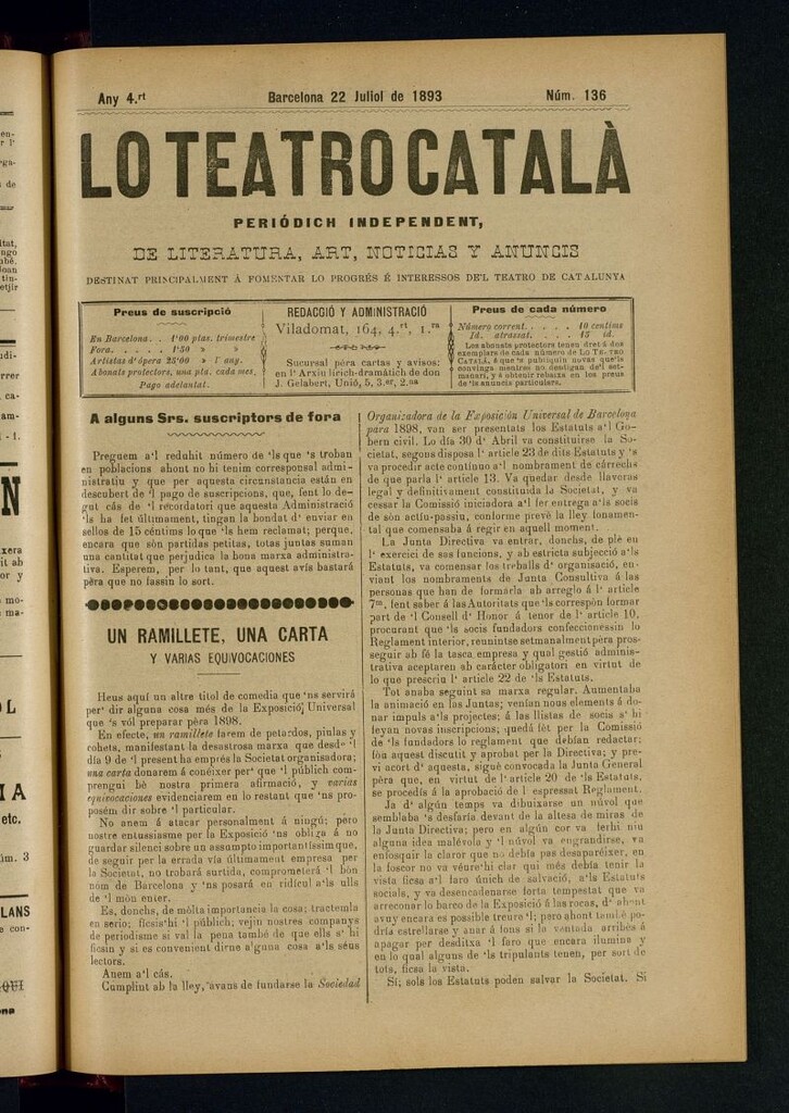 Miniatura de Lo Teatro Catalá  del 22 de juliol de 1893