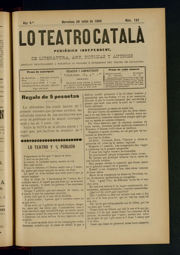 Miniatura de Lo Teatro Catalá  del 29 de juliol de 1893