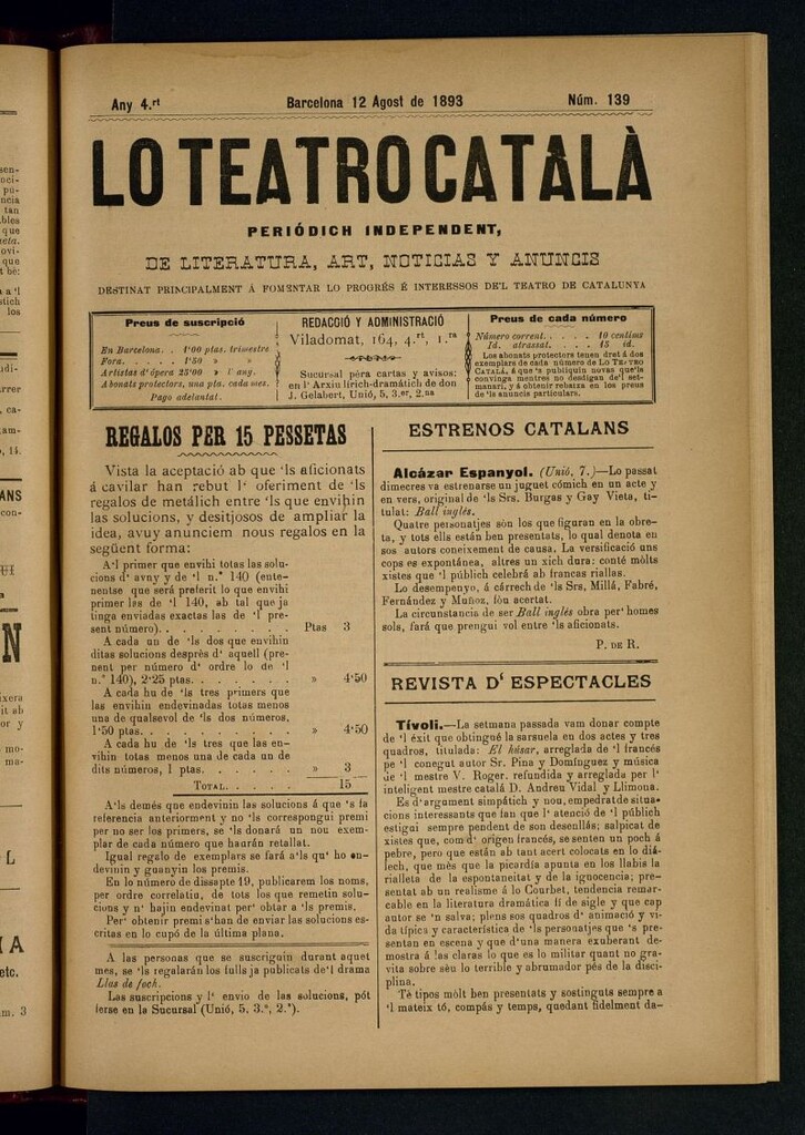 Miniatura de Lo Teatro Catalá  del 12 de agost de 1893