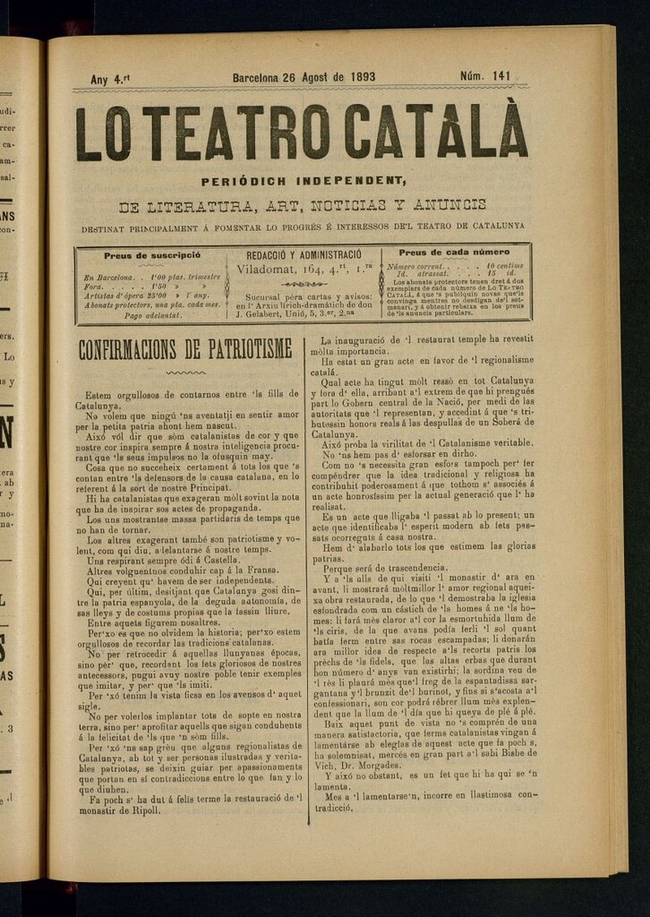 Miniatura de Lo Teatro Catalá  del 26 de agost de 1893