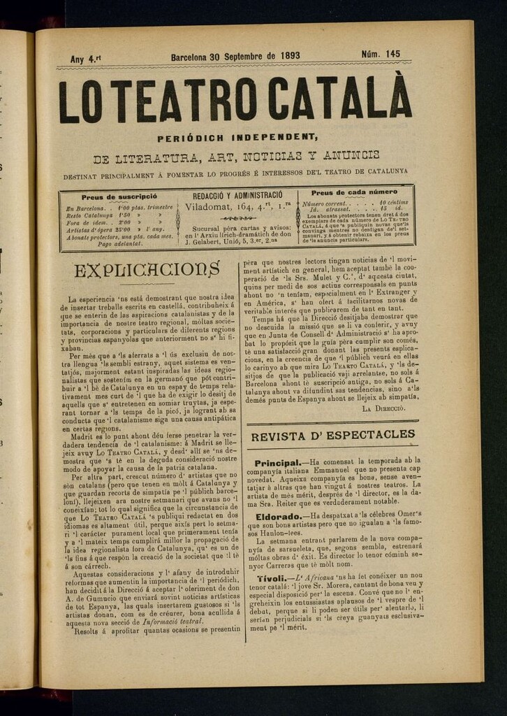Miniatura de Lo Teatro Catalá  del 30 de septiembre de 1893