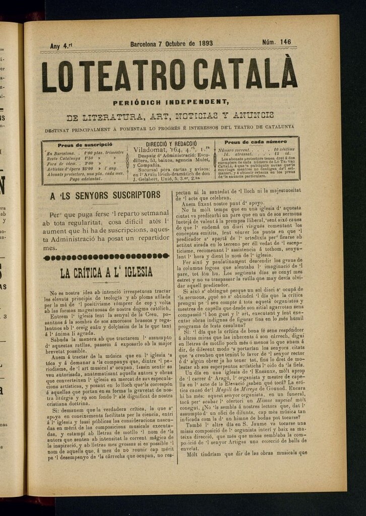 Miniatura de Lo Teatro Catalá  del 7 de octubre de 1893