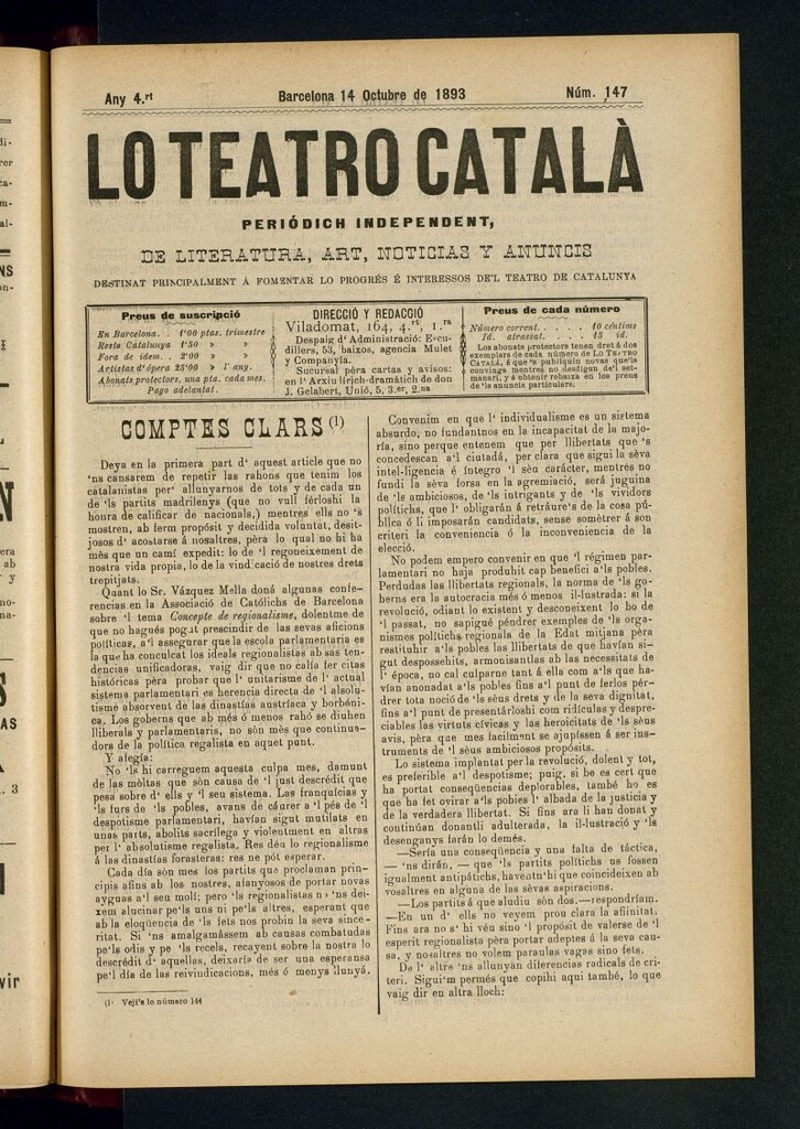 Miniatura de Lo Teatro Catalá  del 14 de octubre de 1893