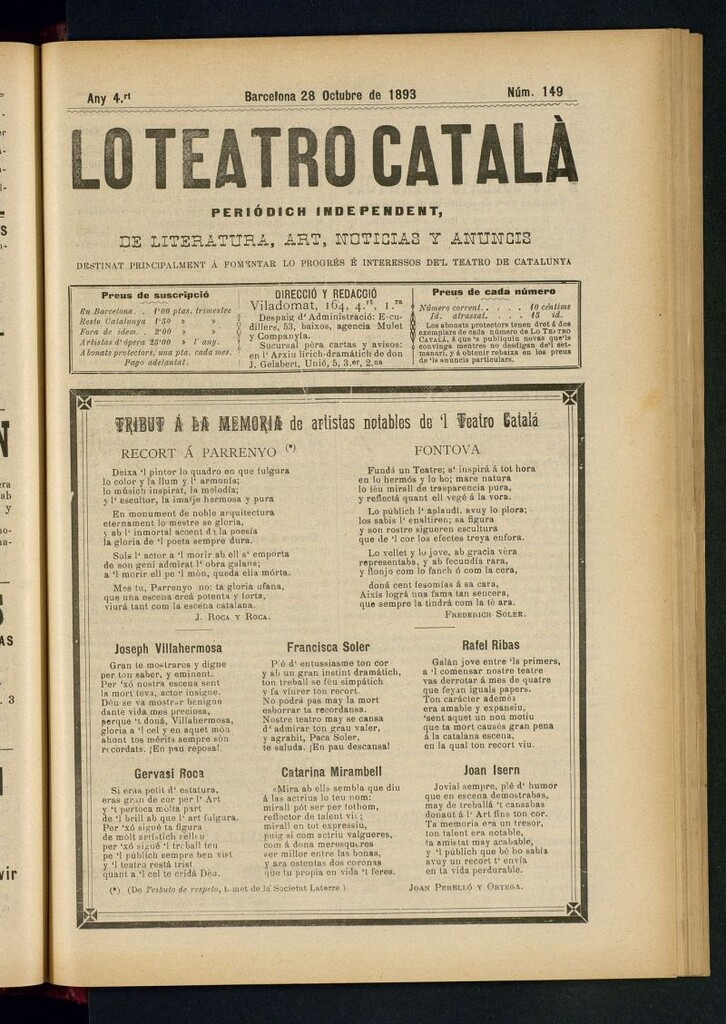 Miniatura de Lo Teatro Catalá  del 28 de octubre de 1893