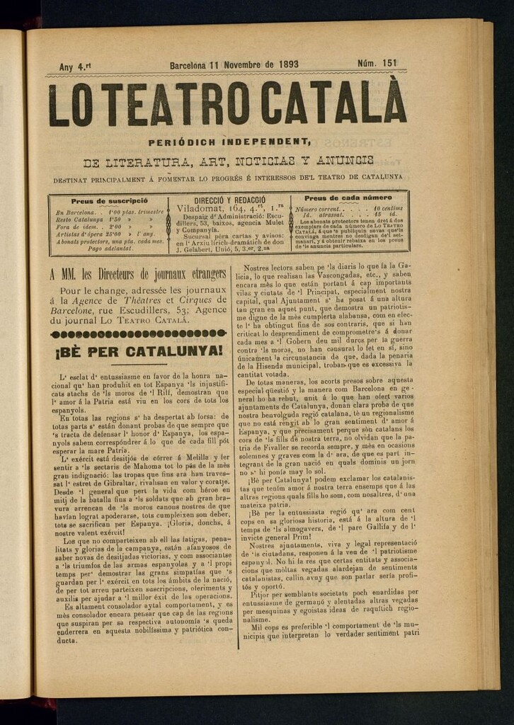 Miniatura de Lo Teatro Catalá  del 11 de novembre de 1893