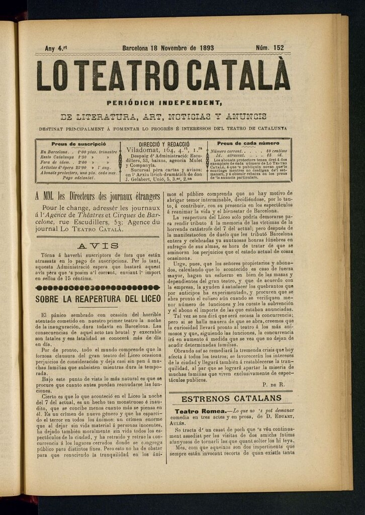 Miniatura de Lo Teatro Catalá  del 18 de novembre de 1893
