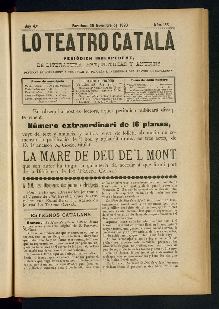 Miniatura de Lo Teatro Catalá  del 25 de novembre de 1893