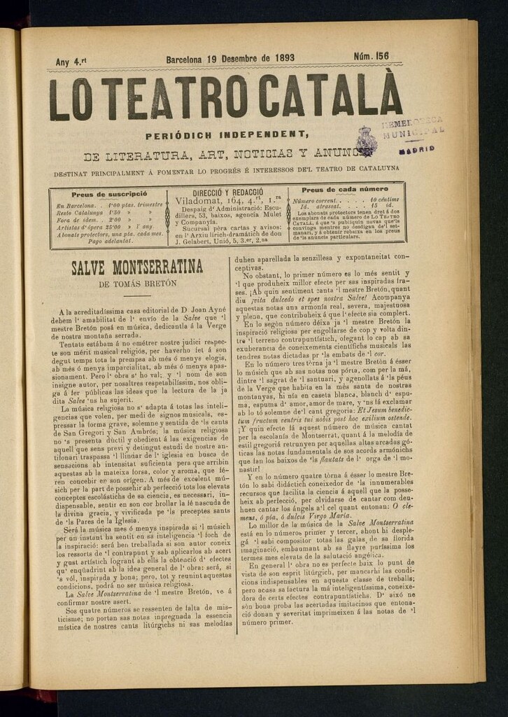 Miniatura de Lo Teatro Catalá  del 19 de desembre de 1893