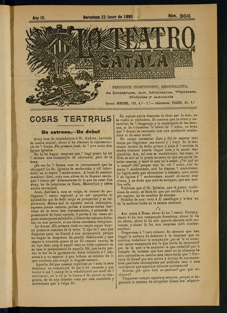 Miniatura de Lo Teatro Catalá del 22 de janer de 1898