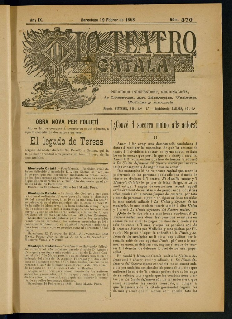 Miniatura de Lo Teatro Catalá de 19 de febrer de 1898