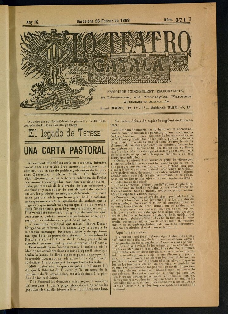 Miniatura de Lo Teatro Catalá del 26 de febrer de 1898