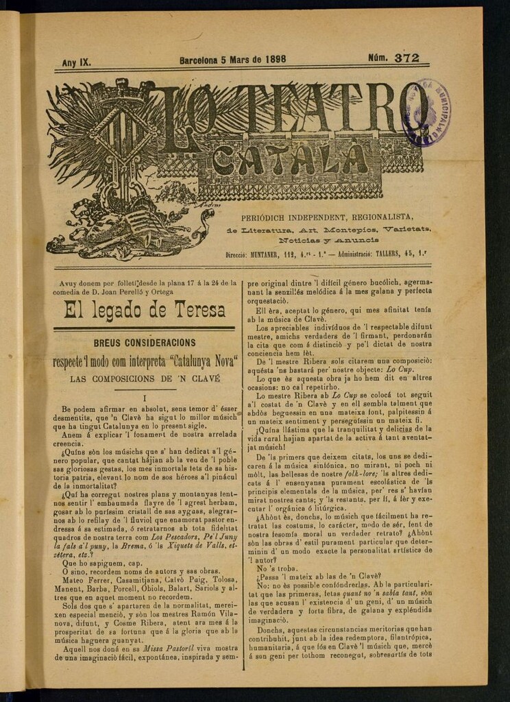 Miniatura de Lo Teatro Catalá del 5 de mars del 1898