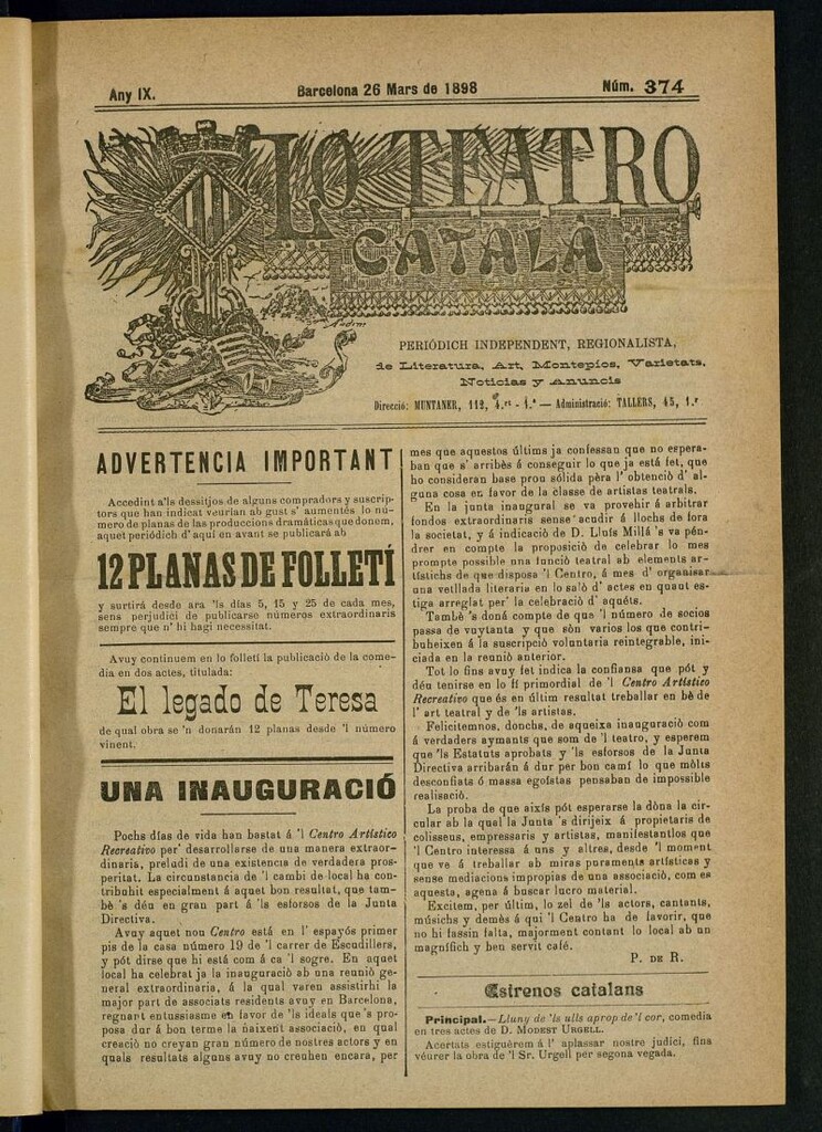 Miniatura de Lo Teatro Catalá del 26 de mars de 1898