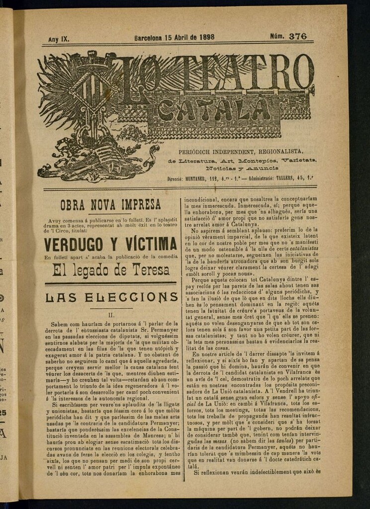 Miniatura de Lo Teatro Catalá del 15 de abril de 1898