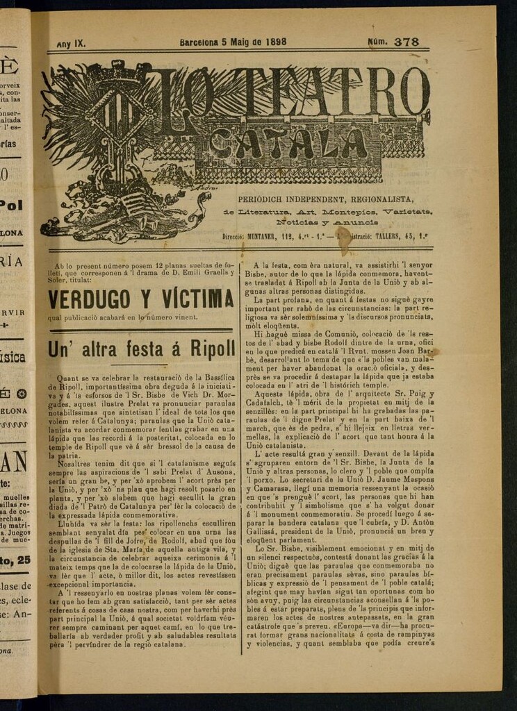Miniatura de Lo Teatro Catalá del 5 de maig de 1898