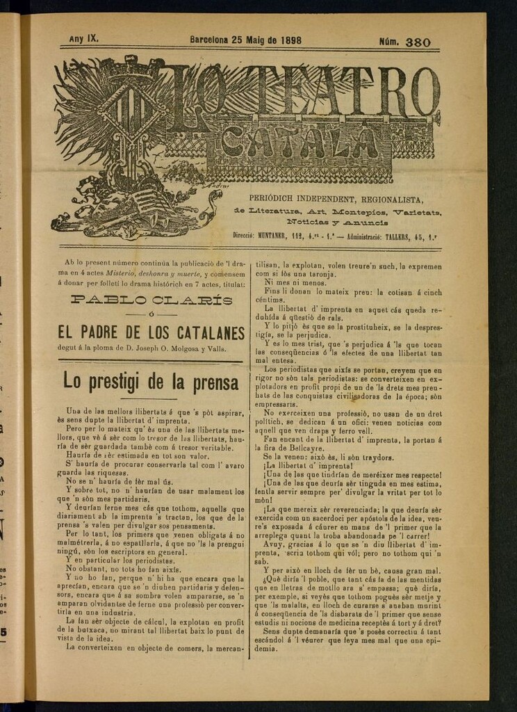 Miniatura de Lo Teatro Catalá del 25 de maig de 1898