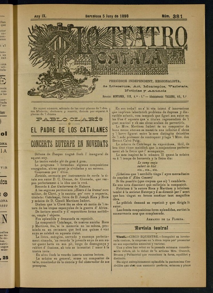 Miniatura de Lo Teatro Catalá del 5 de juny de 1898