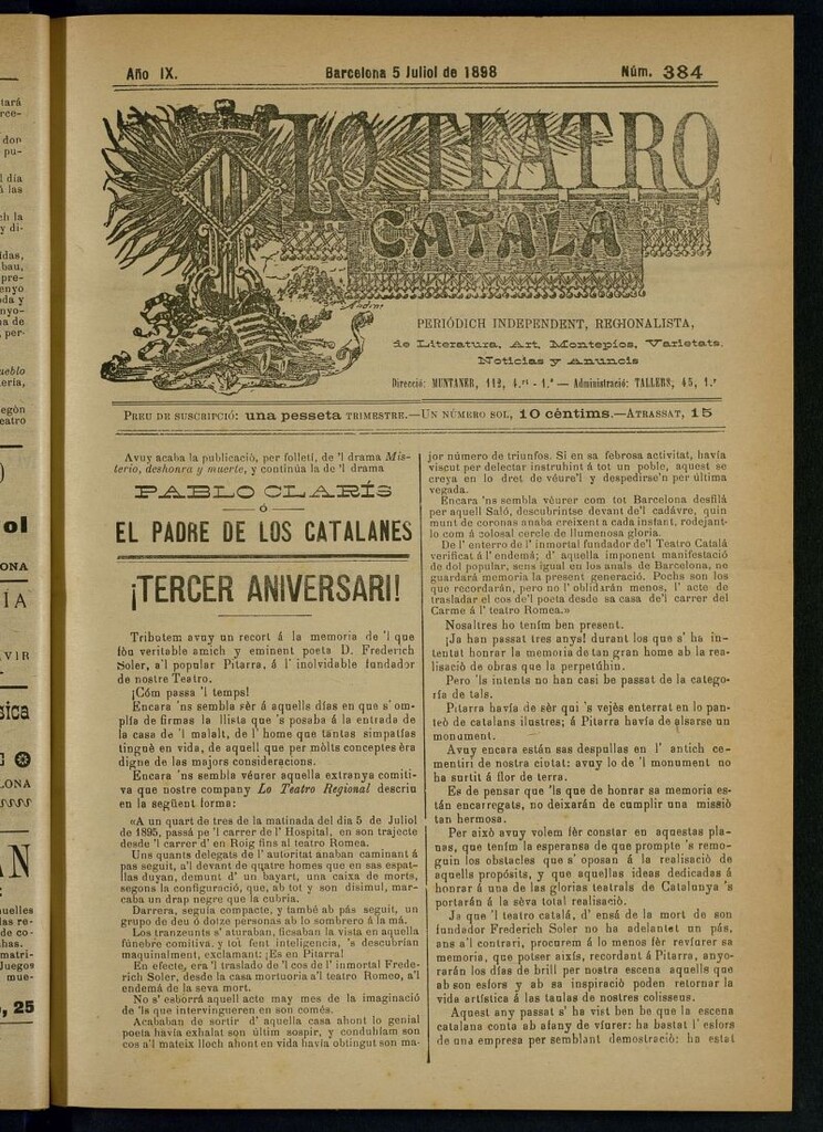 Miniatura de Lo Teatro Catalá del 5 de juliol de 1898