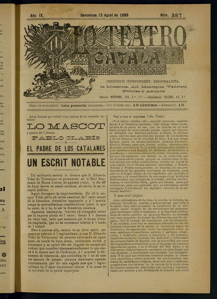 Miniatura de Lo Teatro Catalá del 15 de agost de 1898