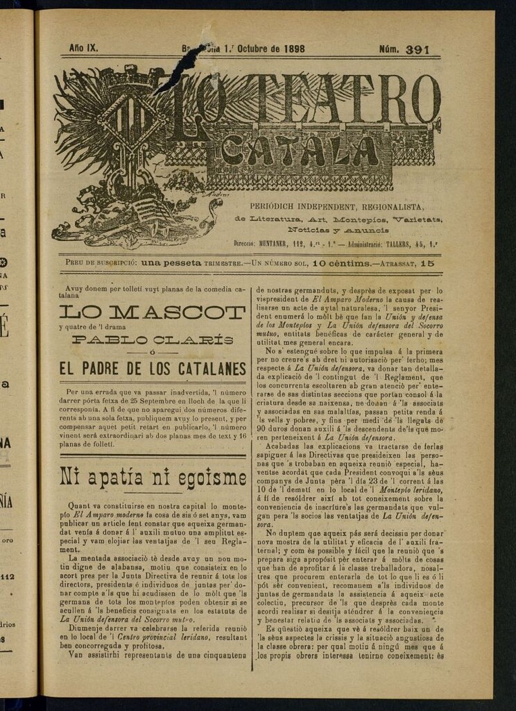 Miniatura de Lo Teatro Catalá del 1 de octubre de 1898