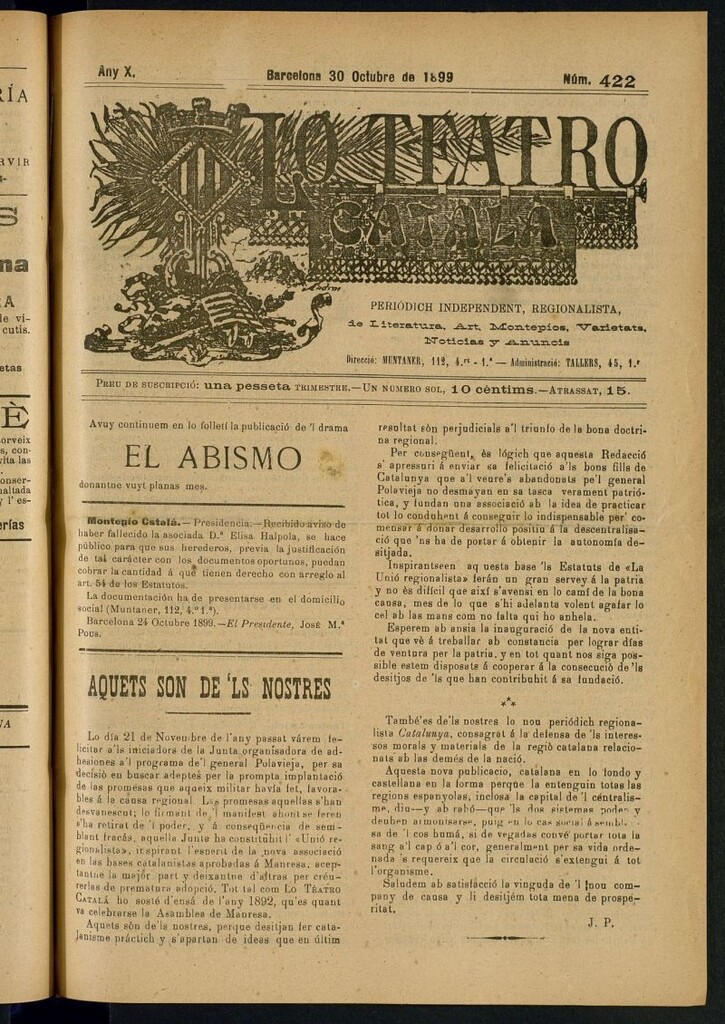 Miniatura de Lo Teatro Catalá del 30 de octubre de 1899