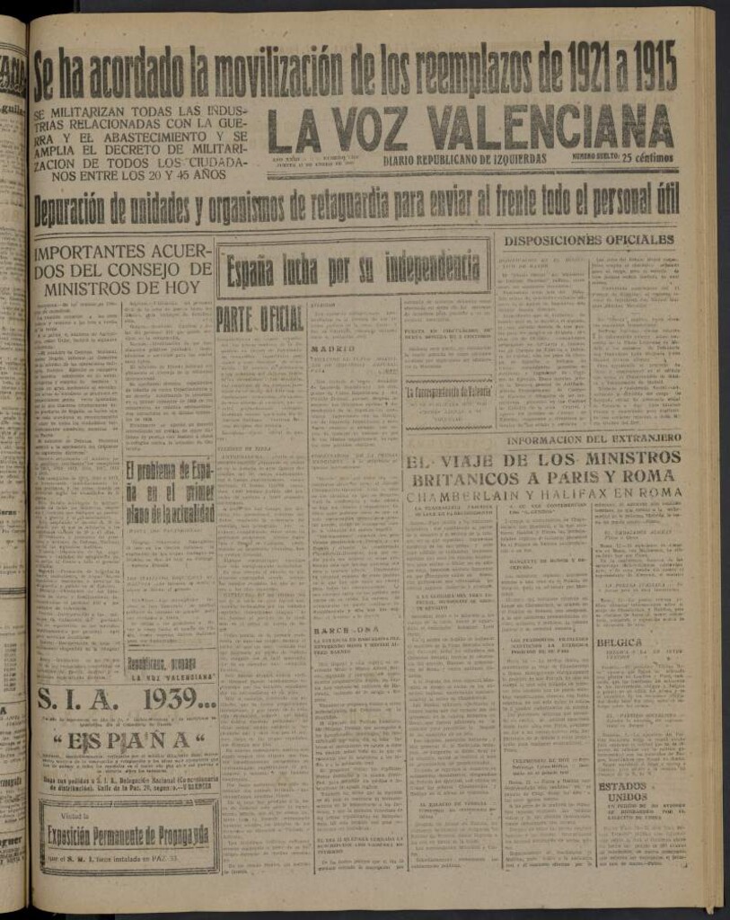 Miniatura de La Voz Valenciana del 12 de enero de 1939