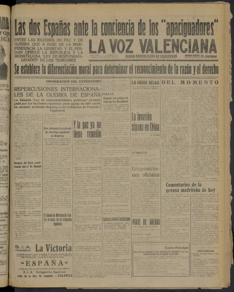 Miniatura de La Voz Valenciana del 18 de febrero de 1939