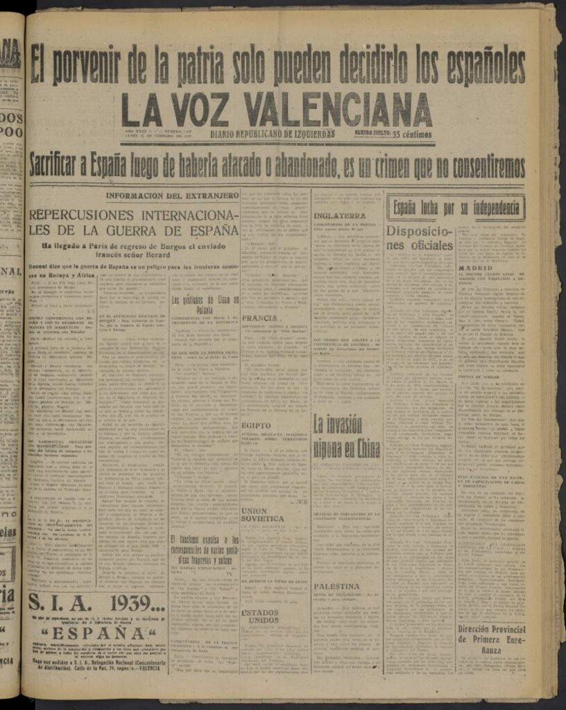 Miniatura de La Voz Valenciana del 27 de febrero de 1939