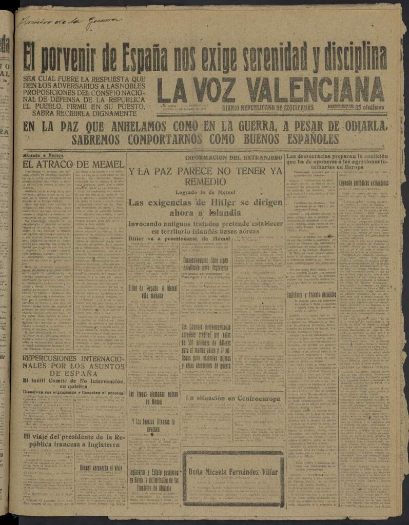 Miniatura de La Voz Valenciana del 23 de marzo de 1939