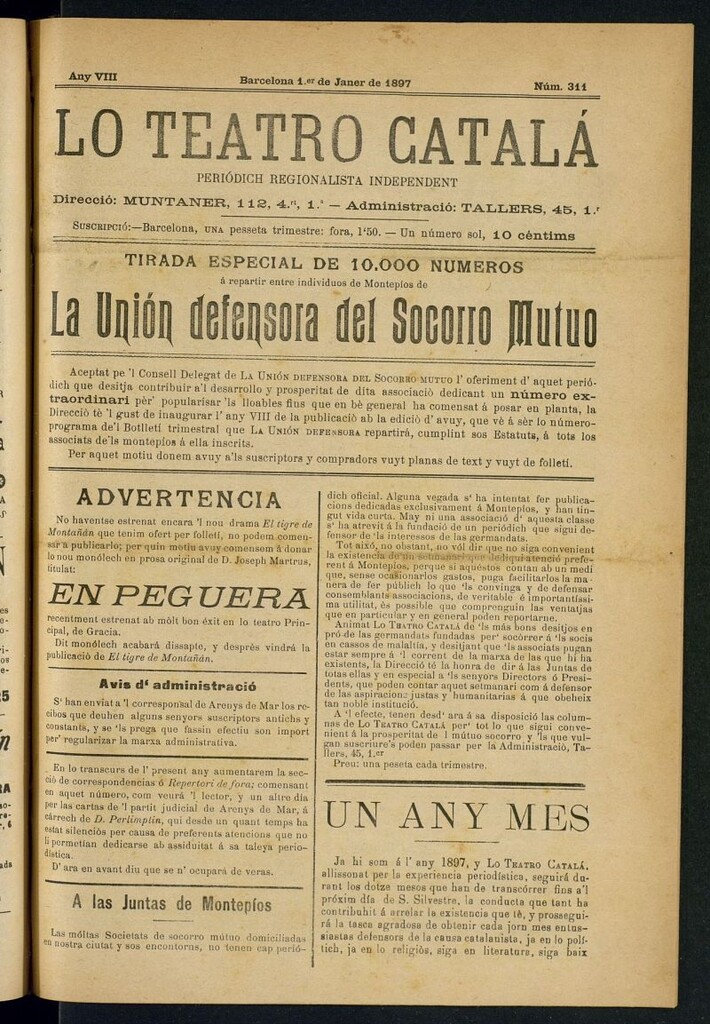 Miniatura de Lo Teatro Catalá del 1 de janer de 1897