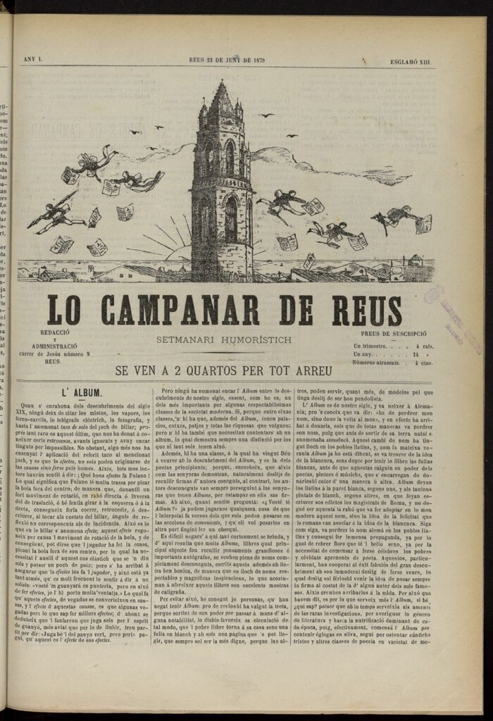 Miniatura de Lo Campanar de Reus del 22 de junio de 1879, nº 13