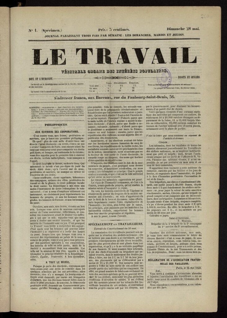 Miniatura de Le Travail: véritable organe des intérêts populaires del 28 de mayo de 1848, nº 1 (prospecto)