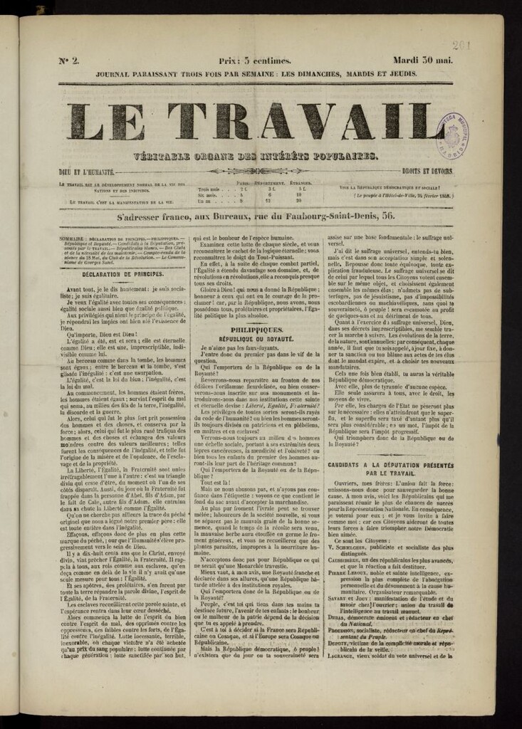 Miniatura de Le Travail: véritable organe des intérêts populaires del 30 de mayo de 1848, nº 2