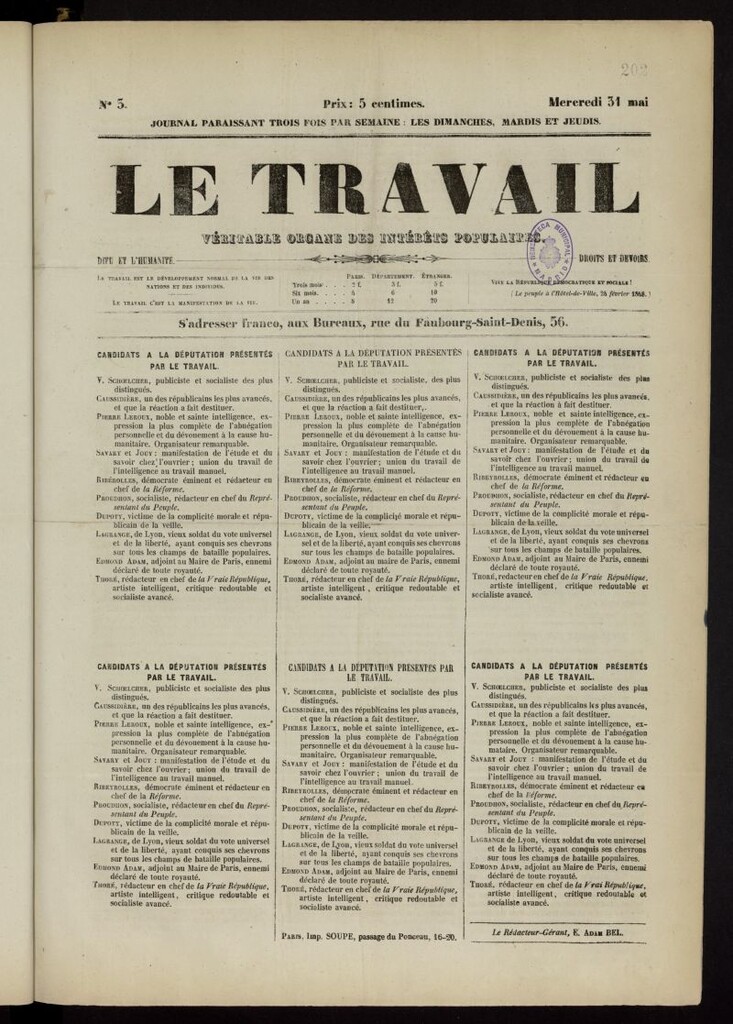 Miniatura de Le Travail: véritable organe des intérêts populaires del 31 de mayo de 1848, nº 3
