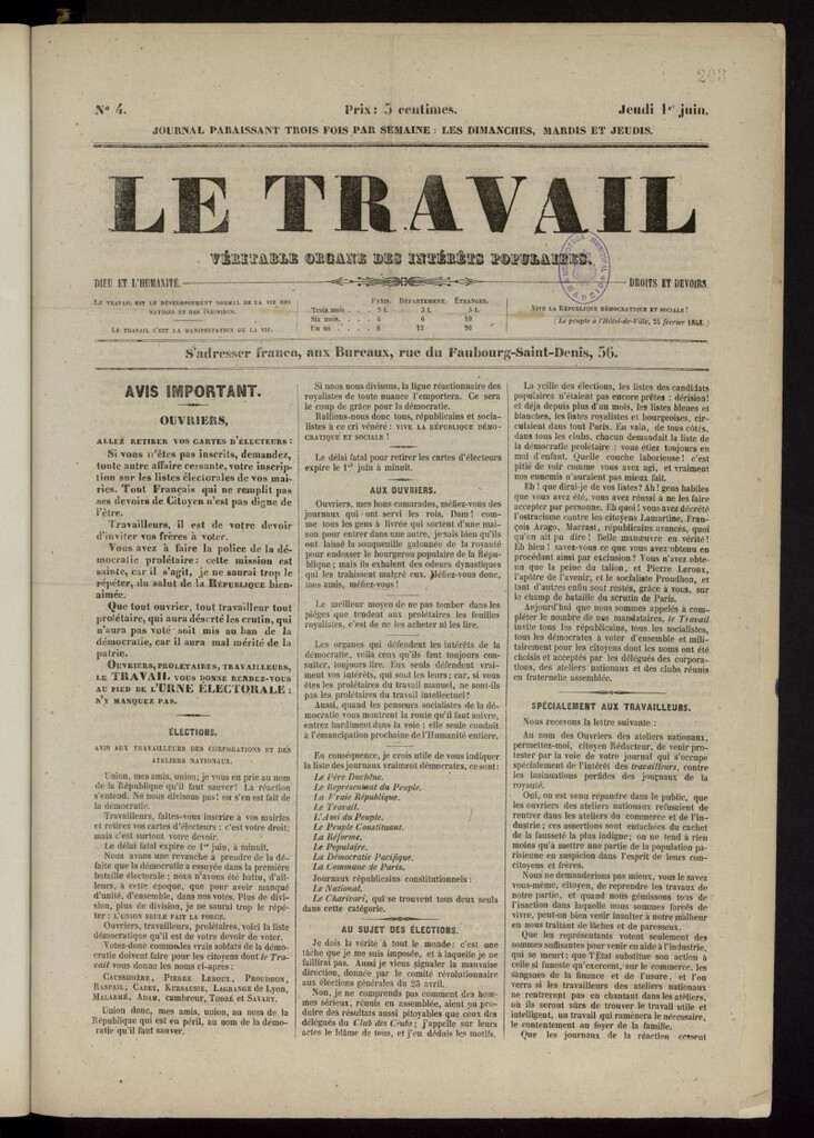 Miniatura de Le Travail: véritable organe des intérêts populaires del 1 de junio de 1848, nº 4