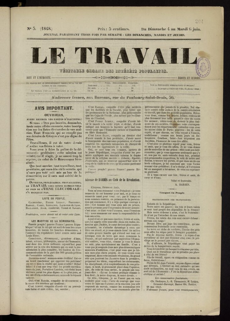 Miniatura de Le Travail: véritable organe des intérêts populaires del 4 al 6 de junio de 1848, nº 5