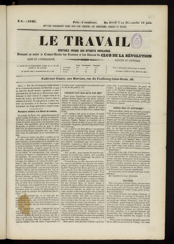 Miniatura de Le Travail: véritable organe des intérêts populaires del 8 al 11 de junio de 1848, nº 6