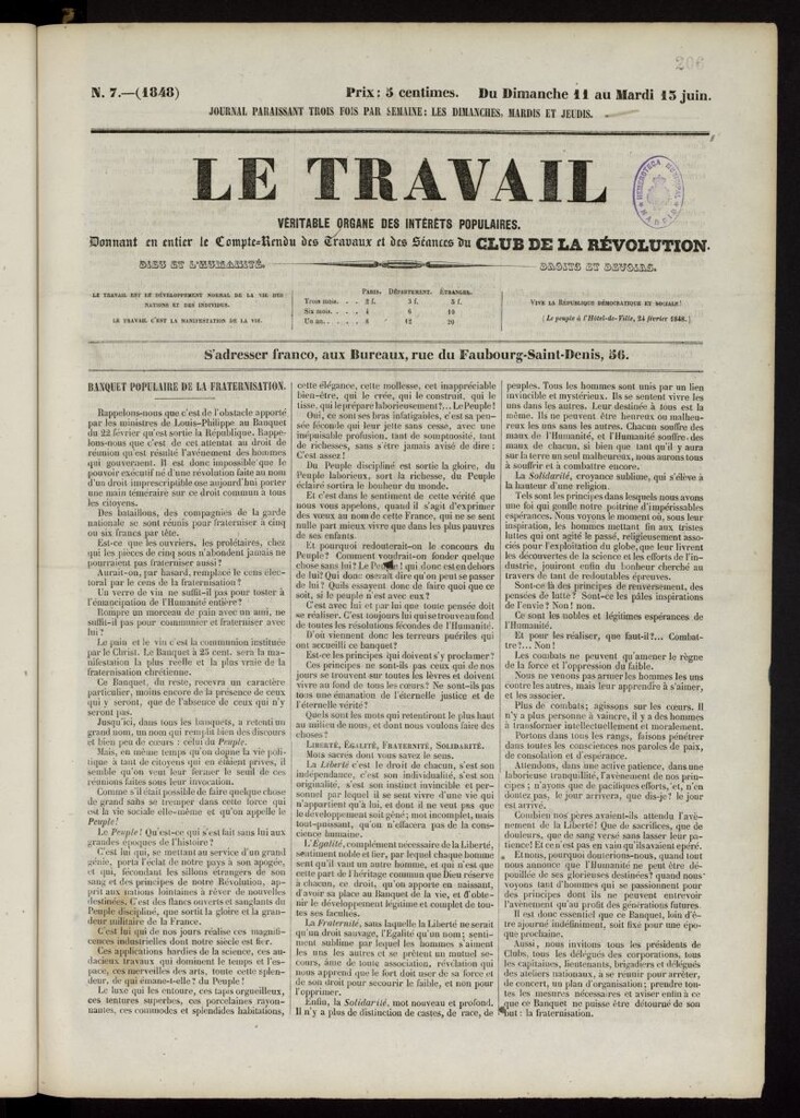 Miniatura de Le Travail: véritable organe des intérêts populaires del 11 al 13 de junio de 1848, nº 7