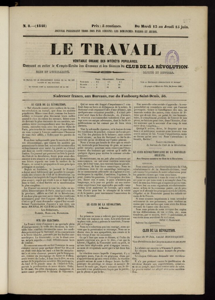 Miniatura de Le Travail: véritable organe des intérêts populaires del 13 al 15 de junio de 1848, nº 8