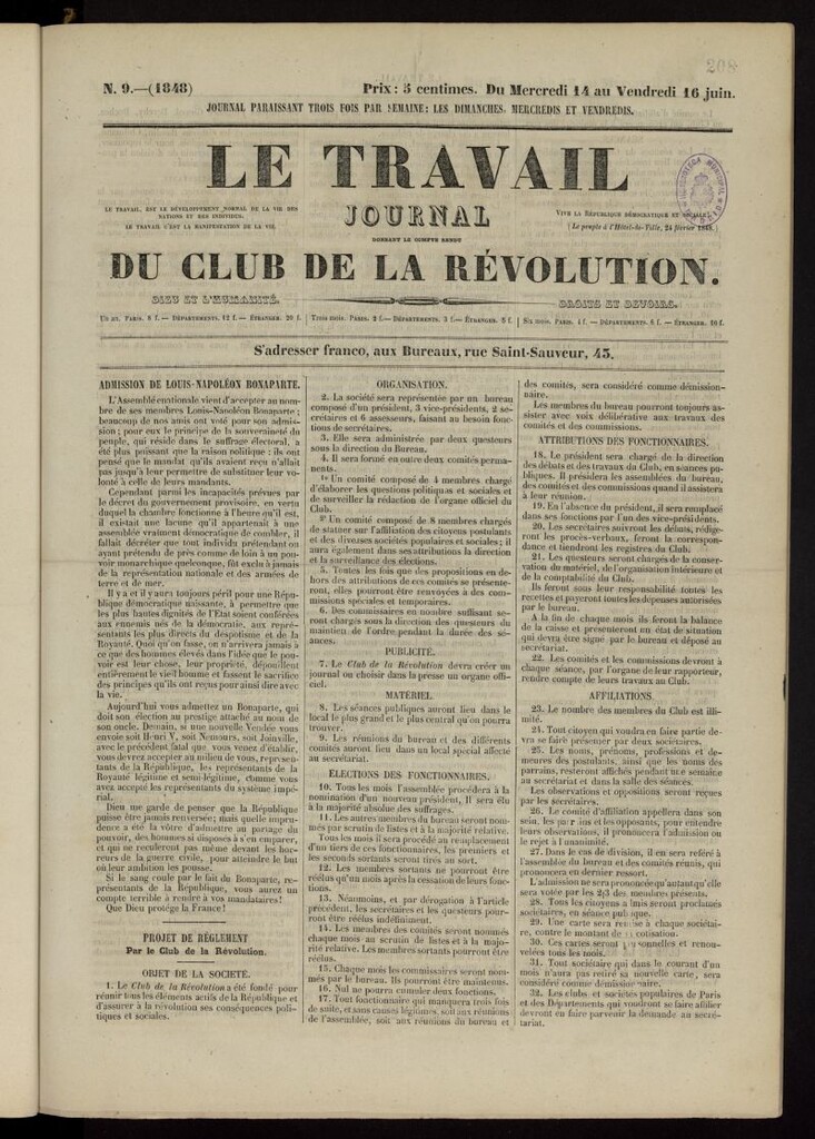 Miniatura de Le Travail: véritable organe des intérêts populaires del 14 al 16 de junio de 1848, nº 9