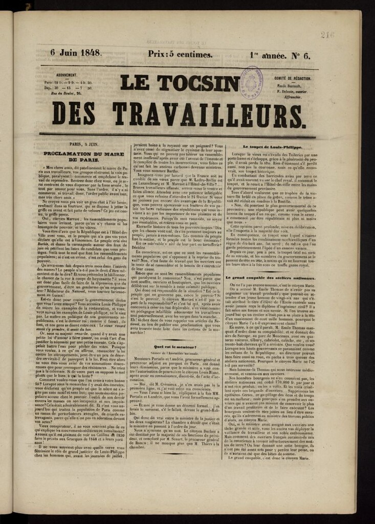 Miniatura de Le Tocsin des travailleurs del 6 de junio de 1848, nº 6