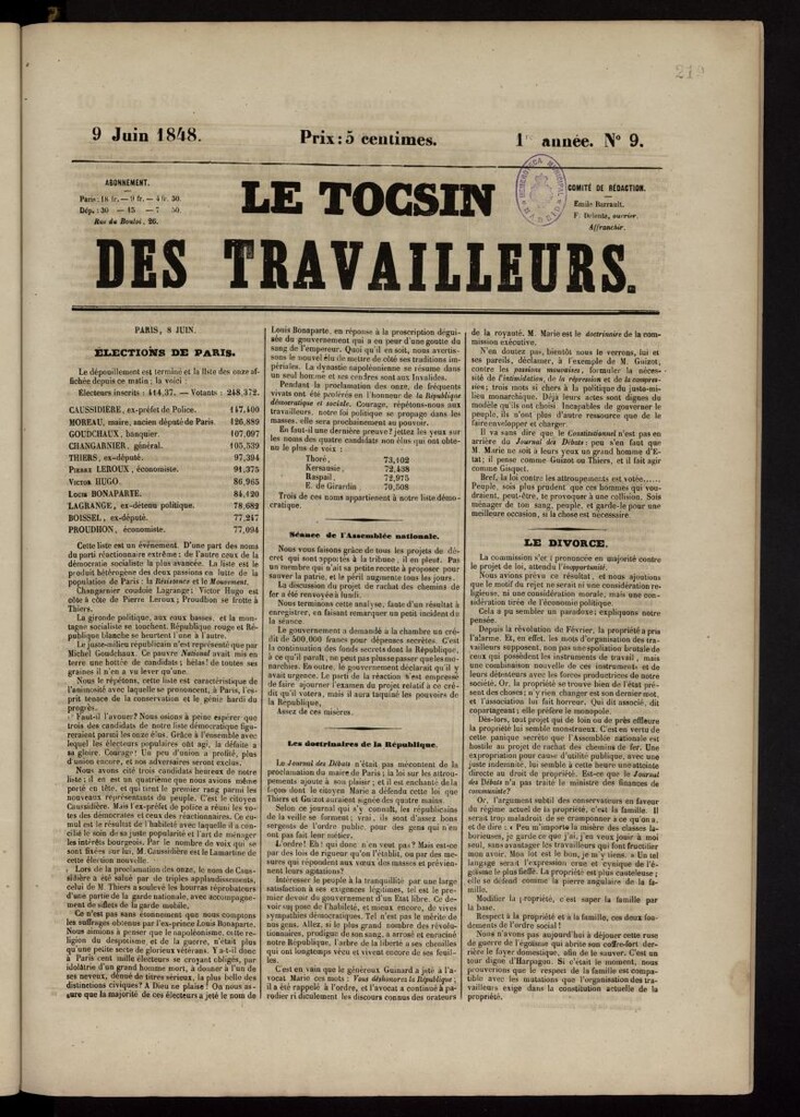 Miniatura de Le Tocsin des travailleurs del 9 de junio de 1848, nº 9