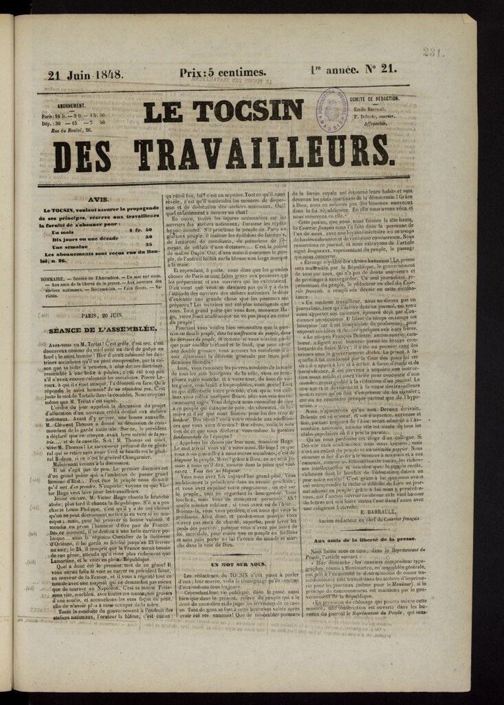 Miniatura de Le Tocsin des travailleurs del 21 de junio de 1848, nº 21
