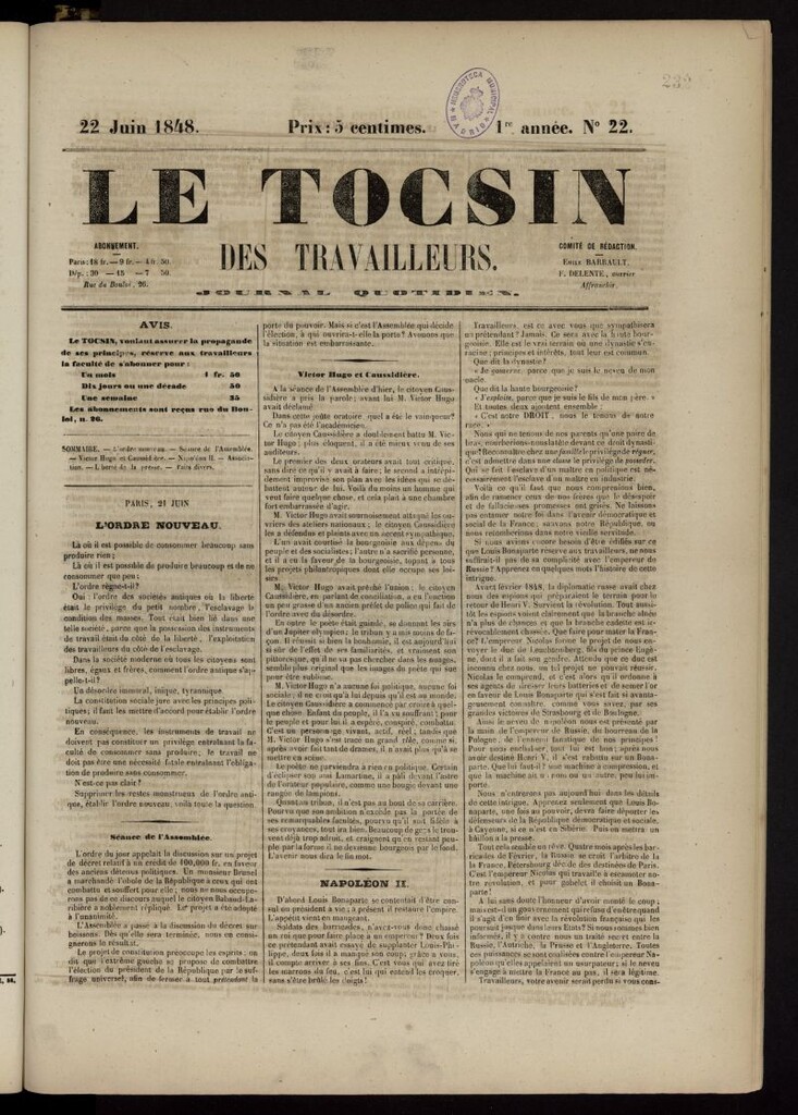Miniatura de Le Tocsin des travailleurs del 22 de junio de 1848, nº 22