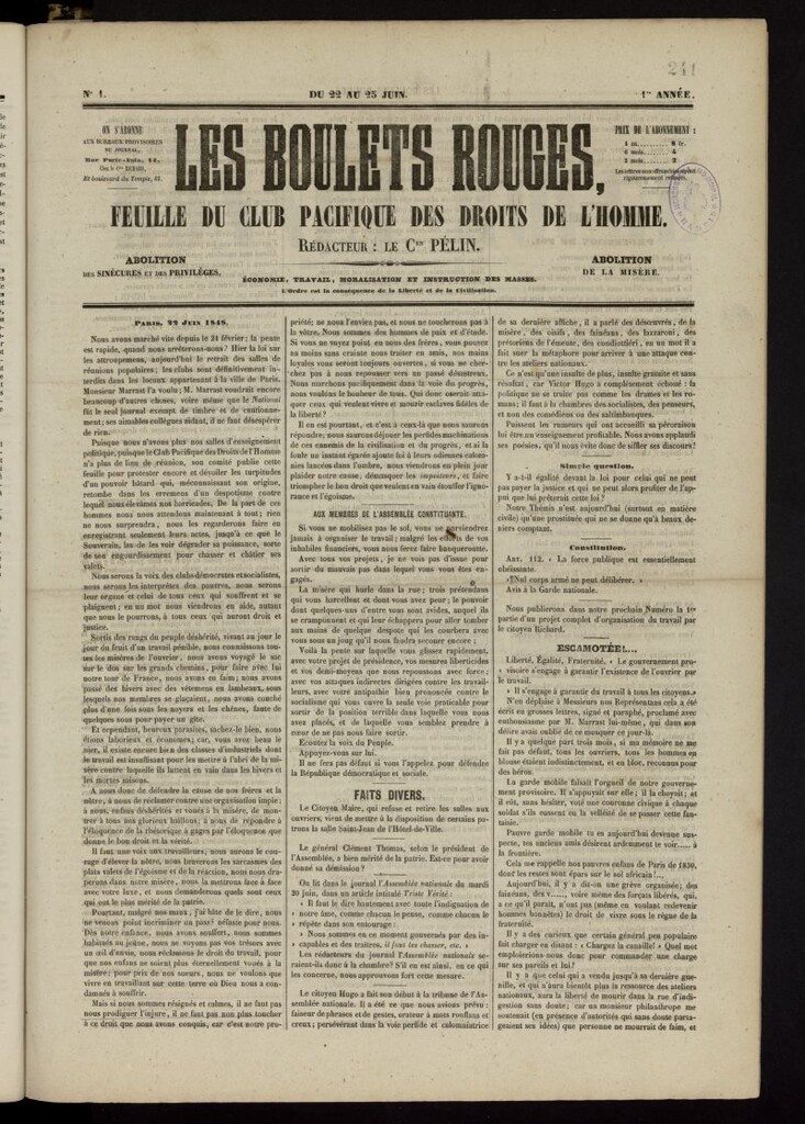 Miniatura de Les Boulets rouges: feuille du Club Pacifique des Droits de L´Homme del 22 al 25 de junio de 1848, nº 1