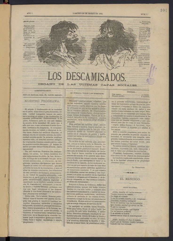 Miniatura de Los Descamisados: órgano de las ultimas capas sociales del 30 de marzo de 1873, nº 1